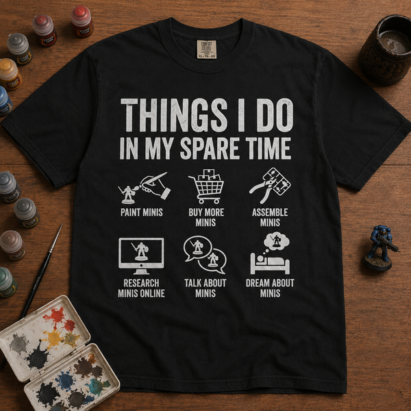 Black 'Things I Do In My Spare Time' t-shirt with six miniature painting hobby icons