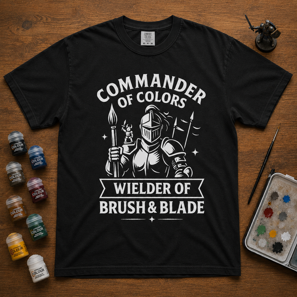 Black 'Commander of Colors' t-shirt with an armored knight wielding a paintbrush like a blade for miniature painters