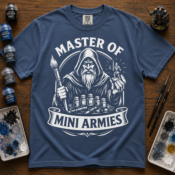 Black 'Master of Mini Armies' t-shirt with a hooded sage holding a tiny warrior surrounded by paint pots