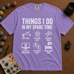 Funny miniature painting tee showing six hobby icons in distressed white on black — view 2