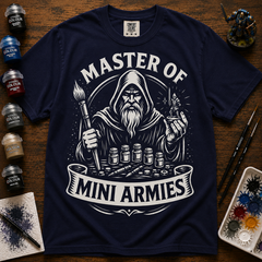 Close-up of hooded sage and paintbrushes on 'Master of Mini Armies' Warhammer painter t-shirt — view 3