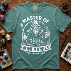 Vintage badge 'Master of Mini Armies' graphic in white on a black miniature painting tee — view 2