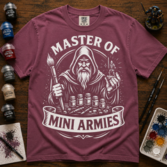 Tabletop gamer t-shirt with a sage commanding a tiny army of painted minis — view 5