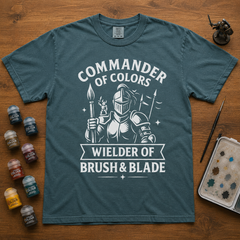 Commander of Colors Wielder of Brush & Blade – Funny Miniature Painting T-Shirt | Gift for Warhammer Painters | Tabletop Gamer Tee — view 3